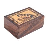 A Victorian Tunbridge ware box and cover, the cover with wood mosaic panel of a spaniel on a