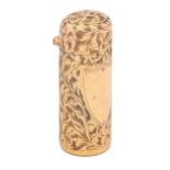 A Victorian 9ct gold scent bottle,   engraved with scrolling foliage, glass stopper, 50mm h, by