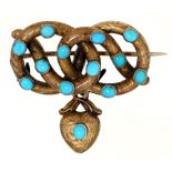 A Victorian split turquoise and gold knot brooch, with pendant locket, 31mm l, 4.9g Good condition