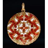 A Victorian gold and enamel mourning locket, double sided, decorated in white and red guilloche