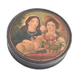 A papier mache snuff box and cover, mid 19th c, the cover decorated with two young women and a