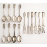 Six silver table forks and eight silver dessert spoons, George IV - Edward VII, Fiddle pattern,