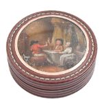 A French tortoiseshell lined composition snuff box and cover, 19th  c,  the cover inset with a