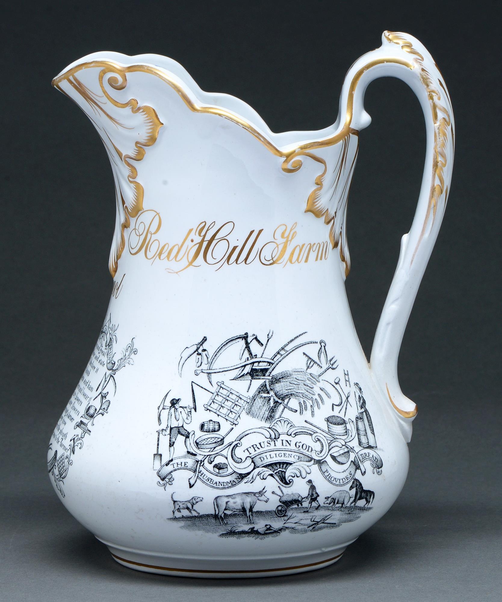 A Staffordshire white earthenware jug, c1860, with gilt inscription Philanthropic School Redhill