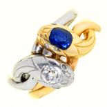 A sapphire and diamond double snake ring, the head of each serpent with old cut diamond or oblong