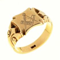 A gold signet ring, engraved with masonic emblems, marked 9ct, 6.2g, size R Good condition