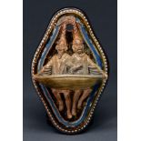 George Tinworth. A rare Doulton ware figural wall pocket, 1880, in the form of a  stoup, modelled as