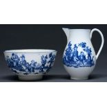 A Worcester blue and white sparrow beak jug and sugar bowl, c1778-85,  transfer printed with the