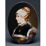 A German porcelain plaque, c1890,  painted with a young woman in fur trimmed collar and jewels, oval