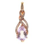 A diamond and briolette pink tourmaline  pendant, in 9ct gold, 38mm h, import marked, 4.7g Good