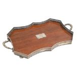 An EPNS mounted oak gallery tray, c1918, on bun feet, 60.5cm over handles Horizontal shrinkage crack