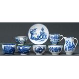 Five Caughley blue and white tea bowls, a coffee cup, saucer and sparrow beak jug, c1776-99,