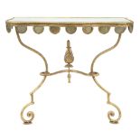 A gold painted wrought metal console table, with serpentine mirror top, 80cm h; 41 x 91cm Mirror