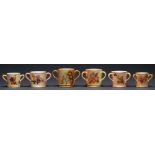 Six Royal Worcester miniature loving cups and tygs, late 19th and early 20th c, printed and