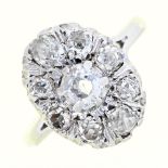 A diamond cluster ring  with old cut diamonds, in white gold, head 11 x 15mm, unmarked, 4.7g, size N