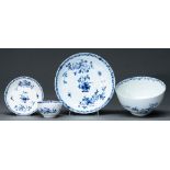 Four Worcester feather moulded blue and white tea wares, c1`757-70,  painted with the Feather