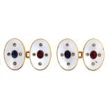 A pair of  ruby, diamond, sapphire and mother of pearl cufflinks, early 20th c, in gold, 18mm l,