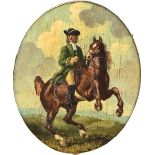An oval miniature of a man on a rearing horse, oil over a printed base, on panel, oval, 90mm, papier