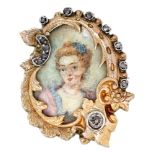 A diamond cartouche brooch, c1900, set with a portrait miniature of a lady on ivory, 32mm,