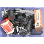 Miscellaneous cameras and photographic equipment, including Canon A-1 and Olympus 35 RD cameras,
