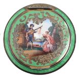 A Continental silver and green guilloche enamel compact, the lid decorated with a lady and musician,