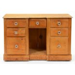 A Victorian waxed pine dressing table, with moulded glass knobs, 79cm h; 52 x 121cm Shrinkage cracks