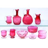 Miscellaneous Victorian cranberry glassware,  to include a carafe etched with dragonfly and ferns,