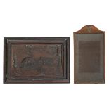 A WWI copper photograph frame, applied with St Andrew badge of a Scottish regiment, mahogany back