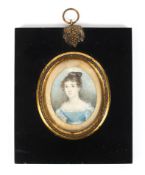 An early 19th century portrait miniature of a lady in blue silk dress, watercolour on ivory,