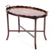 A Georgian style mahogany marquetry tray on stand, 19th century and later,