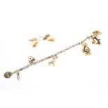 A 9ct gold charm bracelet set with six 9ct gold charms, and two gold mounted teeth earrings.