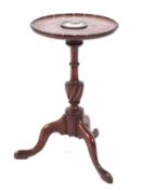 A Georgian style mahogany tripod wine table mounted with a white metal snooker plaque to the centre,
