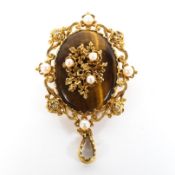 A 9ct gold diamond pearl and tiger's eye pendant,