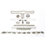 A selection of white metal costume jewellery