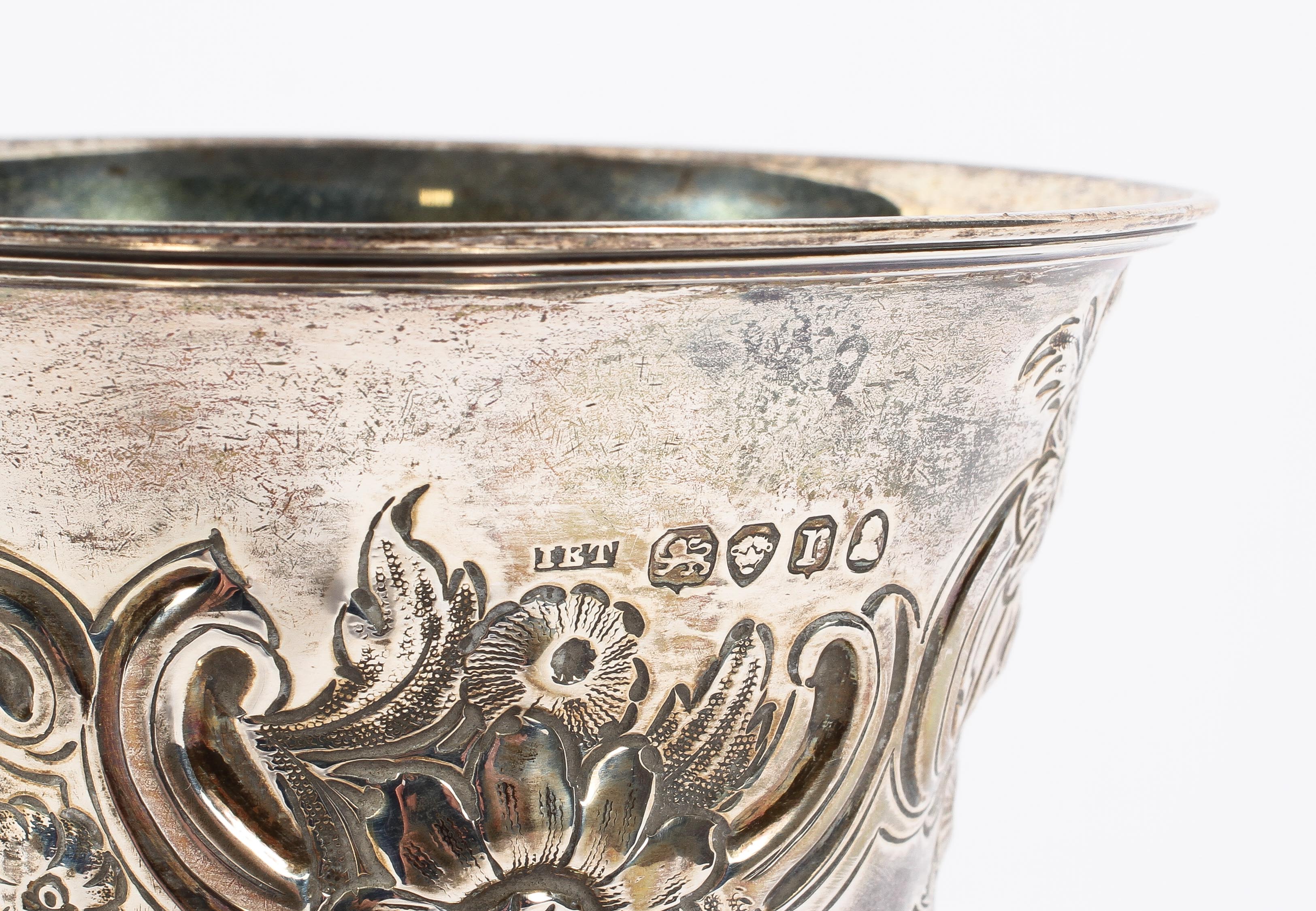 A William IV silver trophy of urn form, with repousse decorated floral sprays, over gadroons, - Image 3 of 3