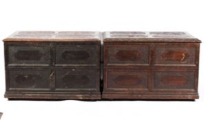 A pair of 19th century ebonised bark carved coffers, each with stiff leaf carved tops,