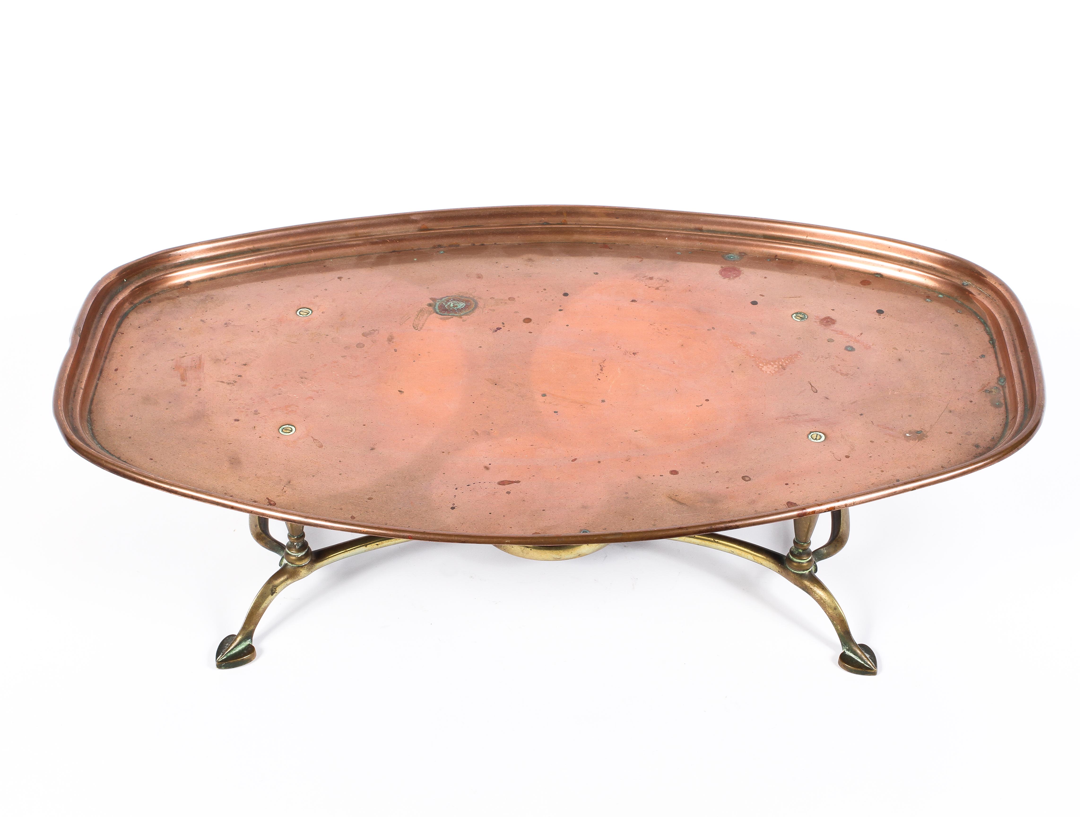 An Arts and Crafts WAS Benson copper and brass footed warming tray, of shaped oval form, - Image 2 of 2