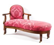 A Victorian chaise longue, of scroll form, inlaid with satinwood stringing,