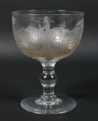 A 19th century engraved glass hunting rummer, with cup shaped bowl,