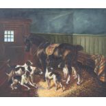 S Thomas (British, 21st Century), a stable scene with horses and hounds, oil on board,