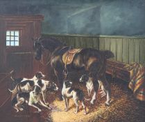 S Thomas (British, 21st Century), a stable scene with horses and hounds, oil on board,