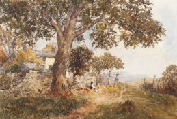 WH Wileys (Late 19th Century), figures before a cottage in woodland, watercolour,