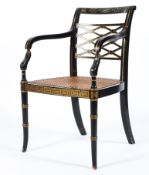 A Regency style japanned and parcel gilt armchair, 20th century,