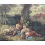 20th century, Continental School, figures with hounds at rest in wooded landscape, oil on board,