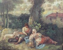 20th century, Continental School, figures with hounds at rest in wooded landscape, oil on board,