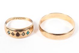 Two 9ct gold bands one set with turquoise and split pearl,