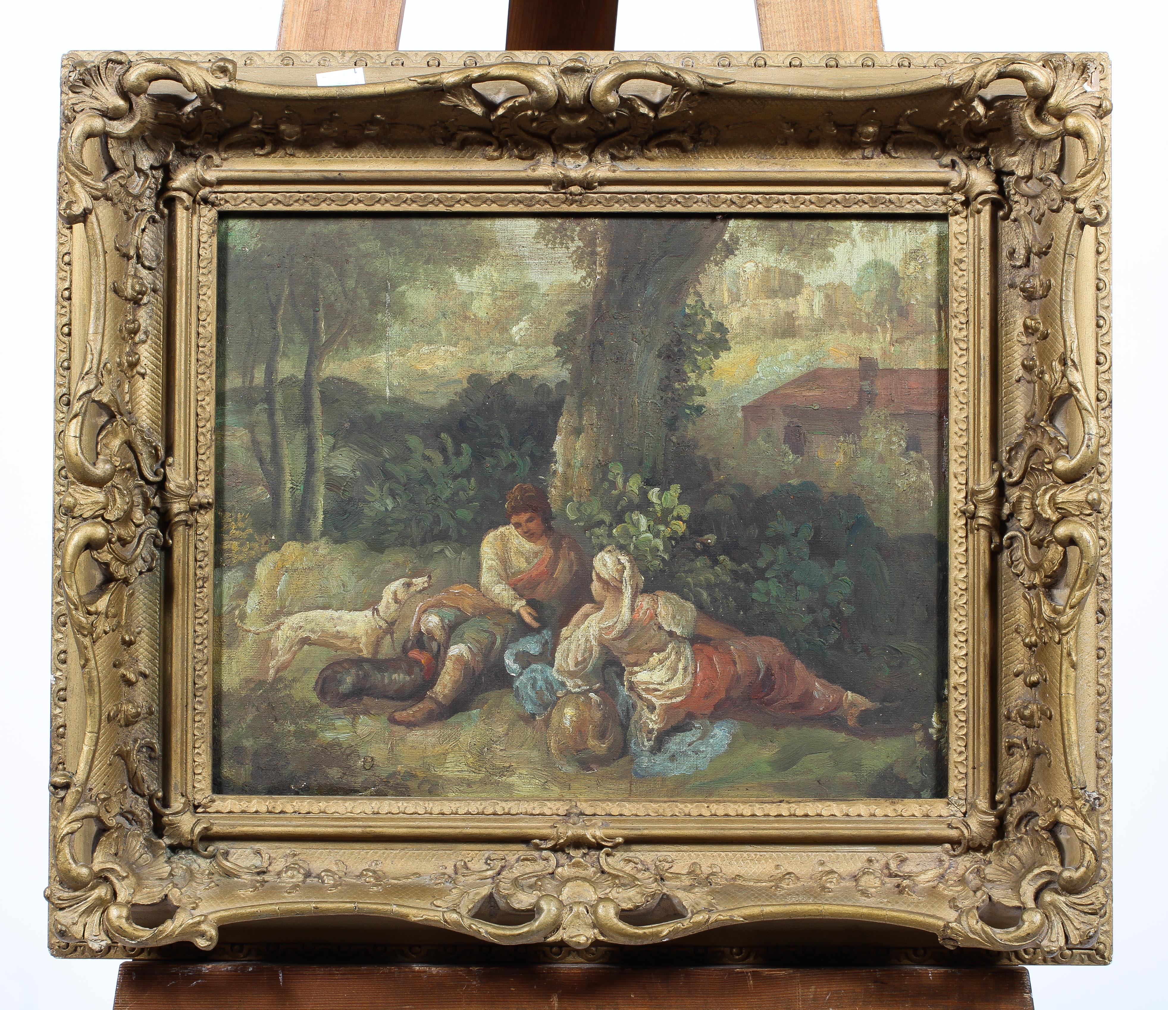 20th century, Continental School, figures with hounds at rest in wooded landscape, oil on board, - Image 2 of 3