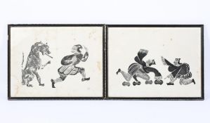Two vintage black screen prints of theatrical Chinese figures and a tiger,