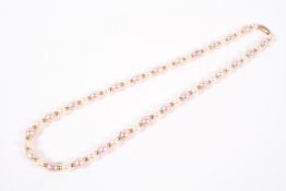 A Continental 9ct gold pearl necklace, the pearls interspersed between 9ct gold rings,