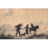 A Regency silhoutte picture, in pencil, ink and cut paper depicting a group of three figures,